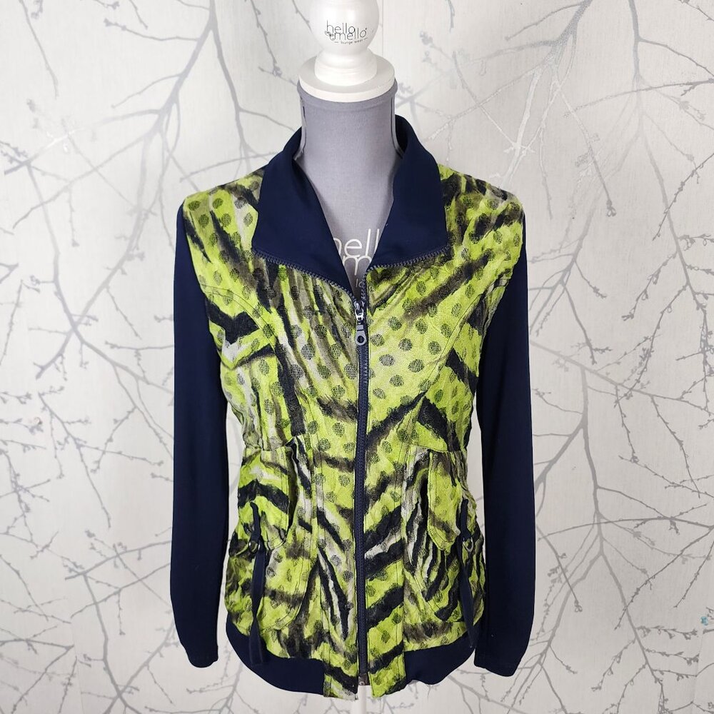 Adam Jacobs Stretch Knit Artsy Polkadot Full Zip Blouse